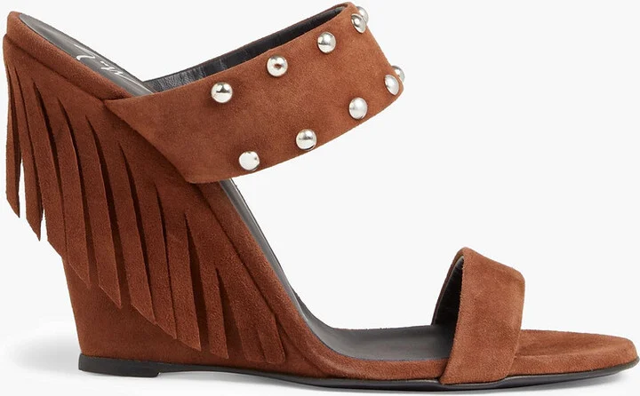 Fringed studded suede wedge mules