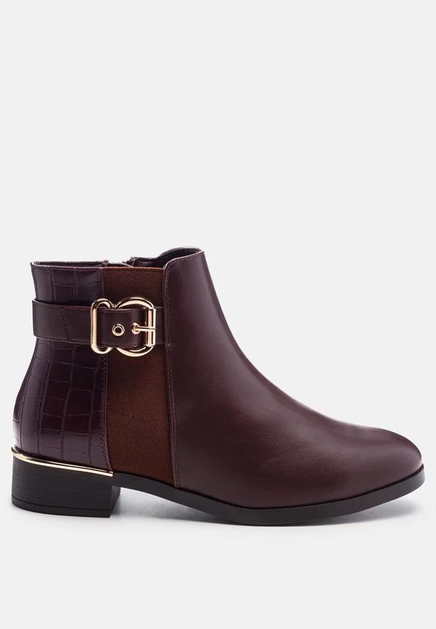 Frothy Buckled Ankle Boots With Croc Detail