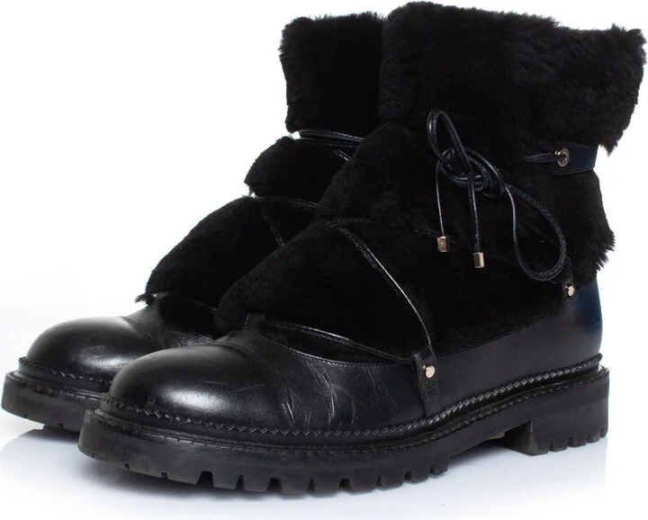 Fur embellished leather lace up boots