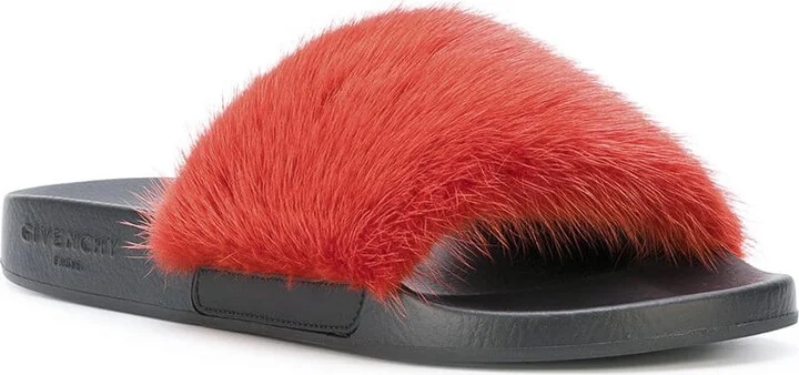 Fur Strap Slides Red