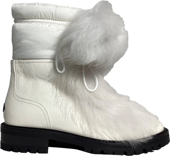 Fur Trim Ankle Boots in White Leather