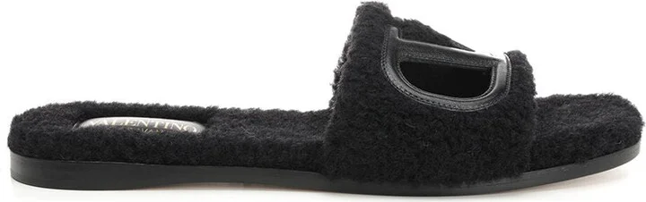 Furry Slide Slippers Sandals Black