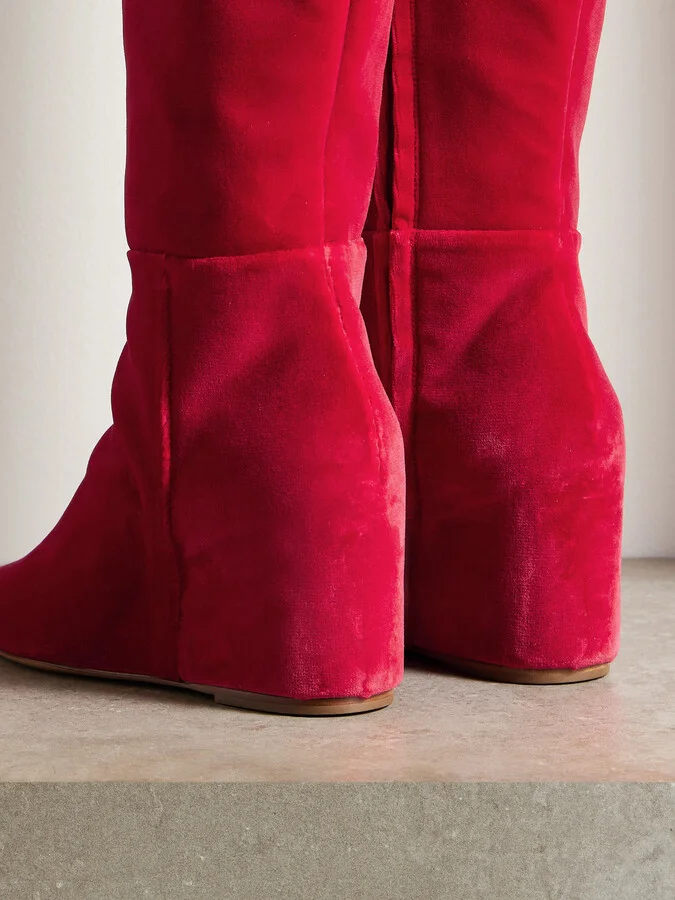 Gabriela Hearst - Remedios Velvet Wedge Knee Boots - Red - Image 3
