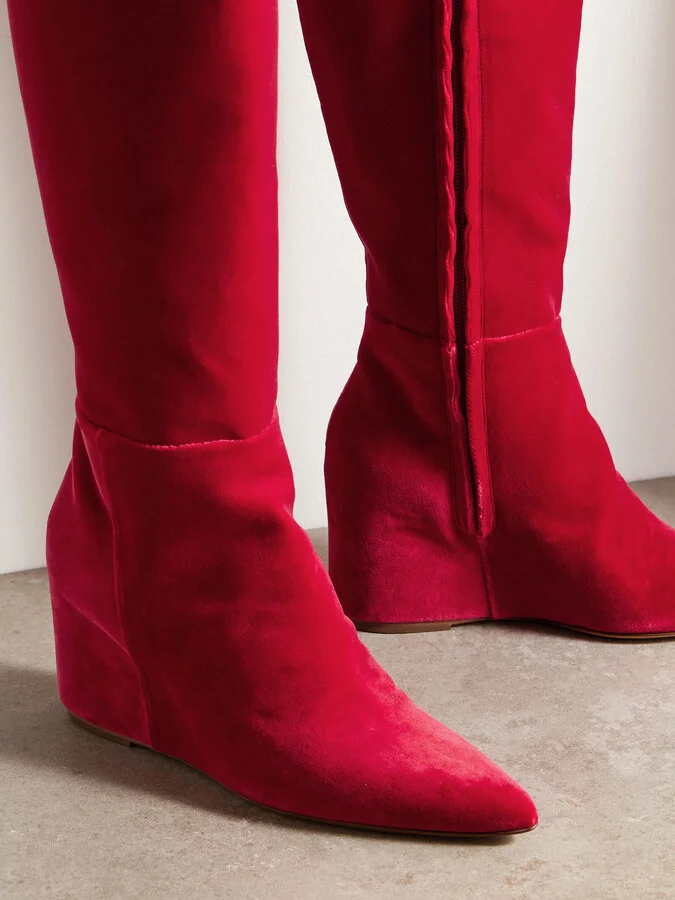 Gabriela Hearst - Remedios Velvet Wedge Knee Boots - Red - Image 4