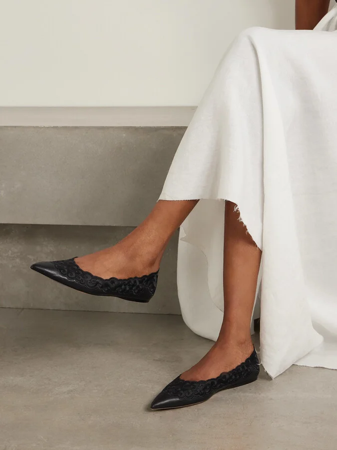Gabriela Hearst - Ziva Leather And Embroidered Tulle Point-toe Flats - Black - Image 2