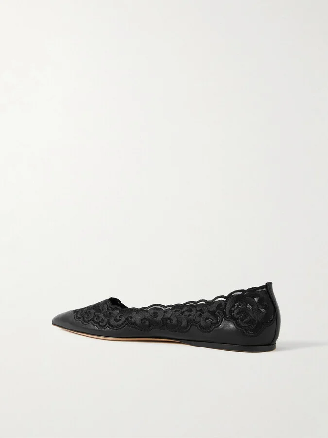 Gabriela Hearst - Ziva Leather And Embroidered Tulle Point-toe Flats - Black - Image 3