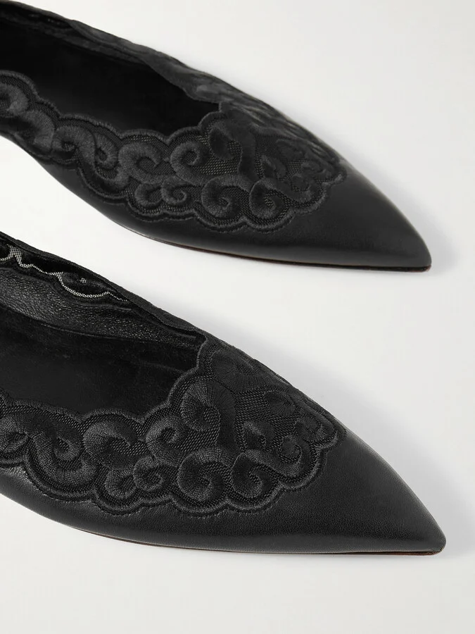 Gabriela Hearst - Ziva Leather And Embroidered Tulle Point-toe Flats - Black - Image 4