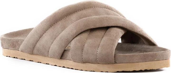 Game Over Womens Criss-Cross Vegan Suede Slide Sandals