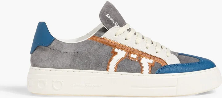 Gancini embroidered suede and pebbled-leather sneakers