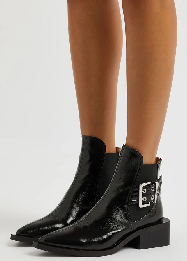 Ganni 50 Womens Buckle-embellished Faux Leather Black Chelsea Boots UK7 - Image 5