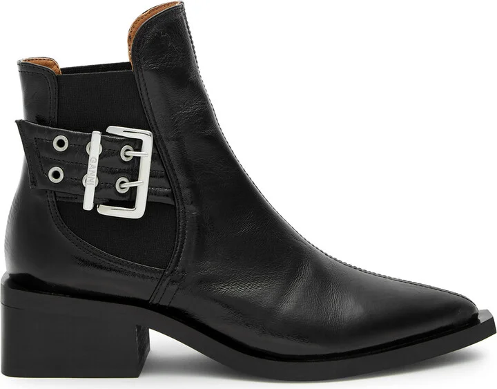 Ganni 50 Womens Buckle-embellished Faux Leather Black Chelsea Boots UK7