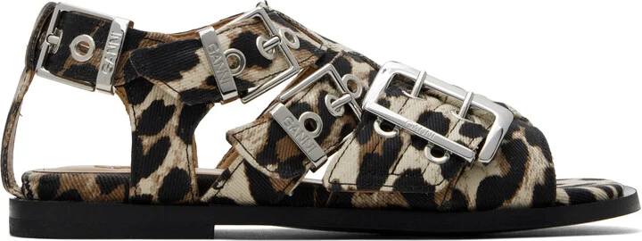 GANNI Beige & Black Feminine Buckle Strap Denim Sandals