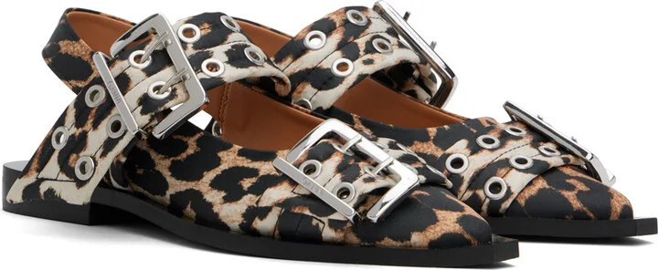 GANNI Beige & Black Leopard Satin Buckle Ballerina Flats - Image 4