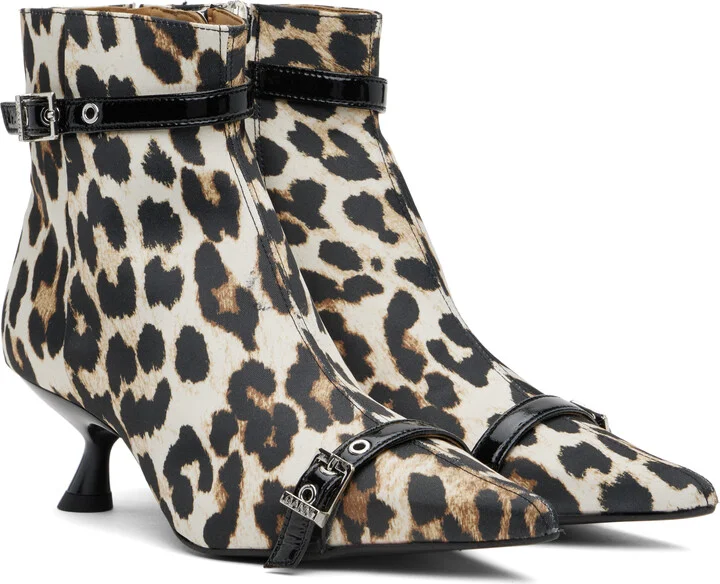 GANNI Beige & Black Satin Eyelets Kitten Heel Boots - Image 4