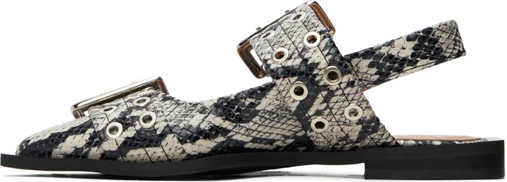 GANNI Beige & Black Snake Printed Chunky Buckle Ballerina Flats - Image 3