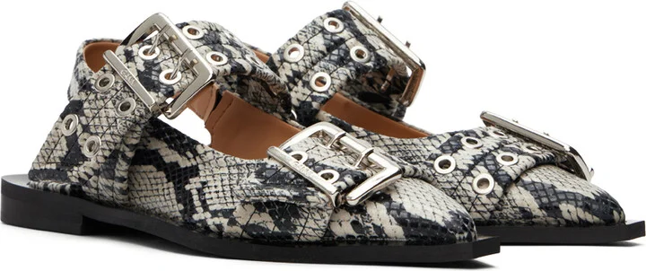GANNI Beige & Black Snake Printed Chunky Buckle Ballerina Flats - Image 4