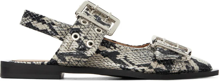 GANNI Beige & Black Snake Printed Chunky Buckle Ballerina Flats