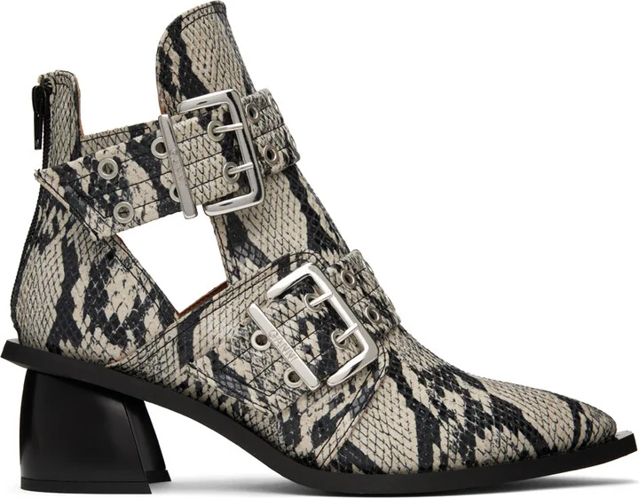 GANNI Beige Snake Chunky Buckle Boots