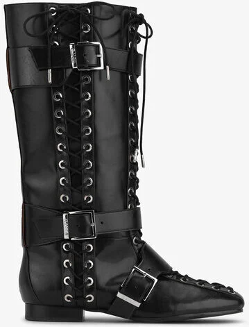 Ganni Black Crinkle Oleatex Lace-Up High Boots