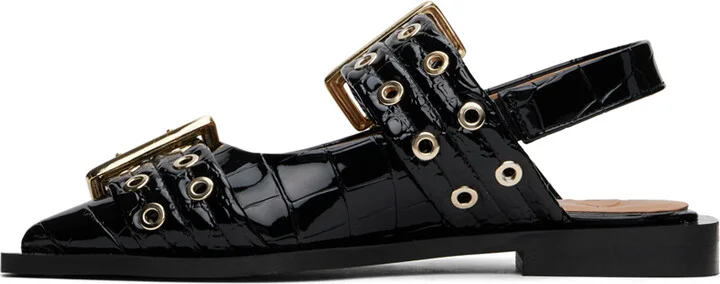 GANNI Black Croco Patent Buckle Ballerina Flats - Image 3