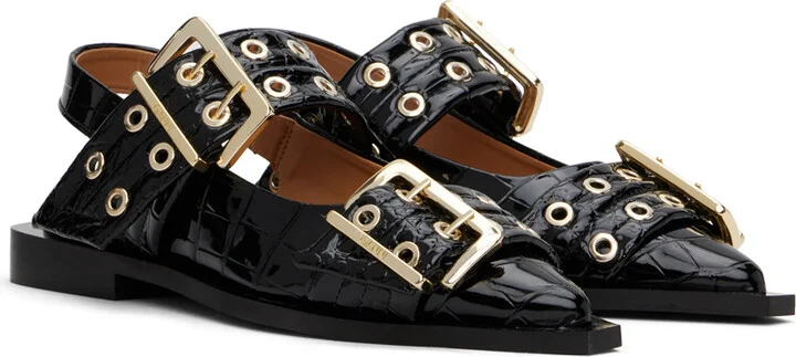 GANNI Black Croco Patent Buckle Ballerina Flats - Image 4