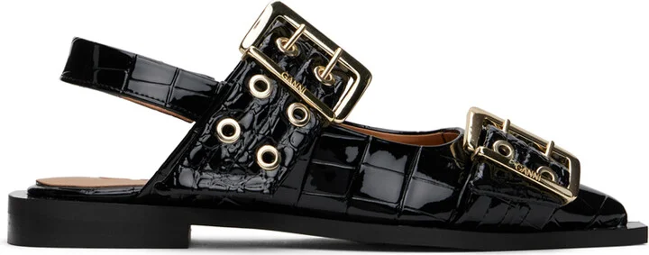 GANNI Black Croco Patent Buckle Ballerina Flats