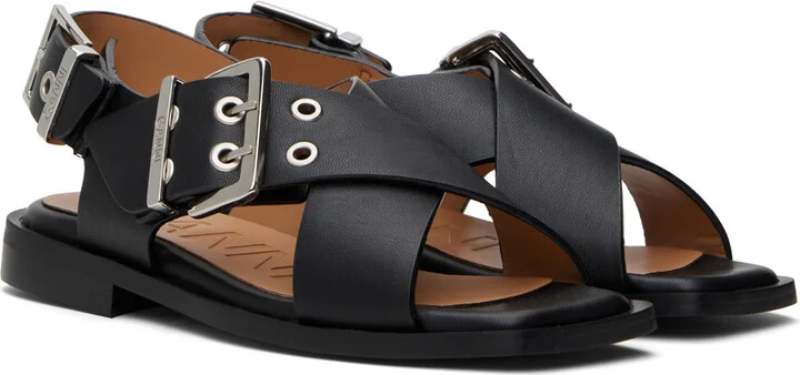 GANNI Black Feminine Buckle Cross Strap Sandals - Image 4