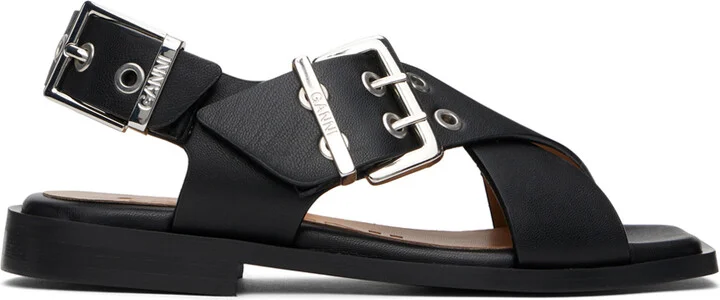 GANNI Black Feminine Buckle Cross Strap Sandals