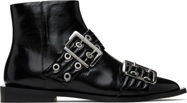 GANNI Black Feminine Buckle Flat Boots