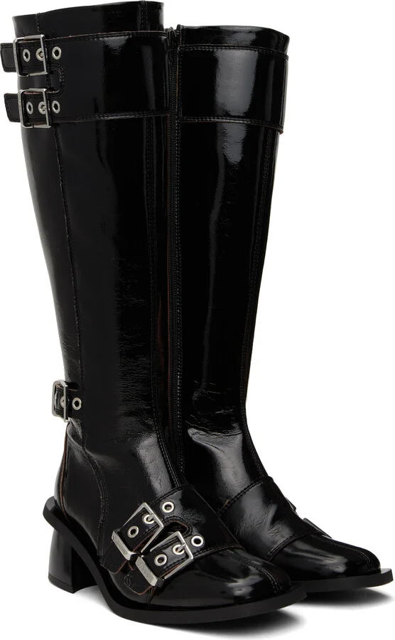 GANNI Black Feminine Buckle High Tall Boots - Image 4