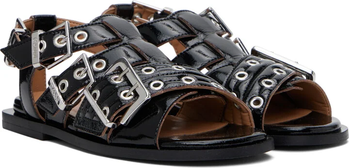 GANNI Black Feminine Buckle Strap Naplack Flat Sandals - Image 4
