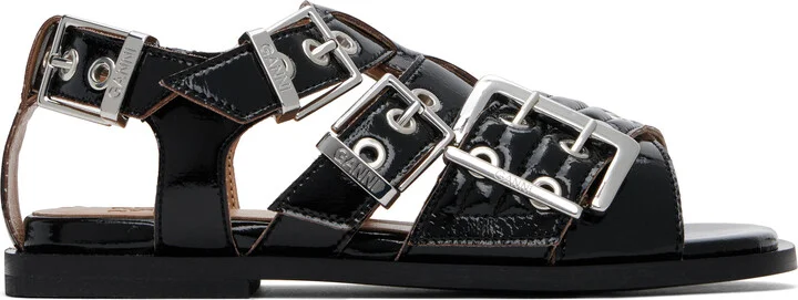 GANNI Black Feminine Buckle Strap Naplack Flat Sandals