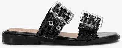 Ganni Black Feminine Buckle Two-Strap Sandals