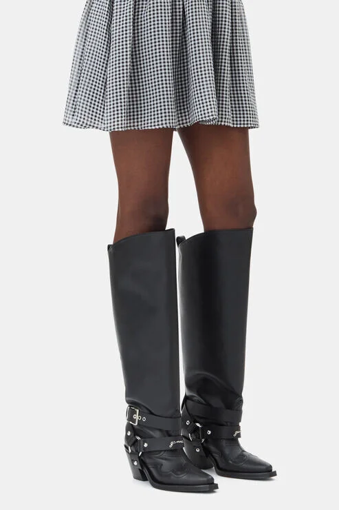 Ganni Black High Shaft Embroidered Western Boots