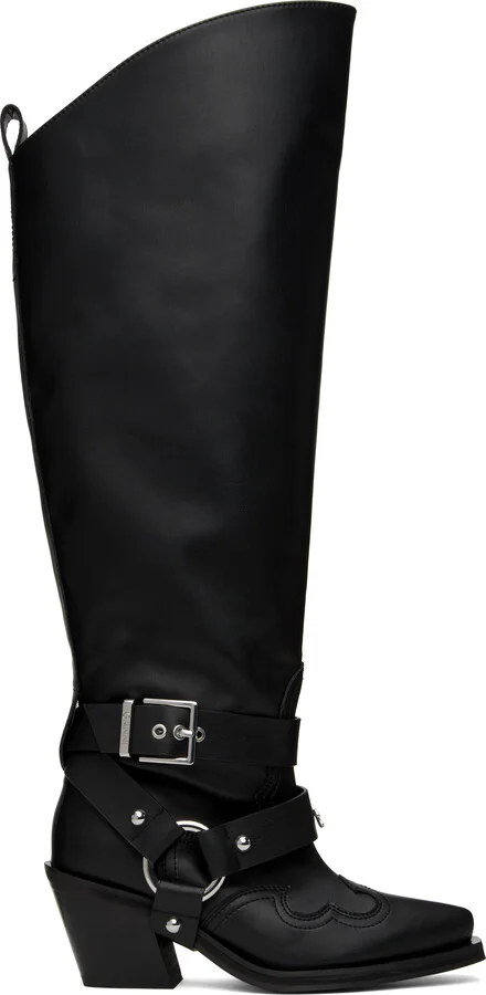 GANNI Black High Shaft Embroidered Western Tall Boots