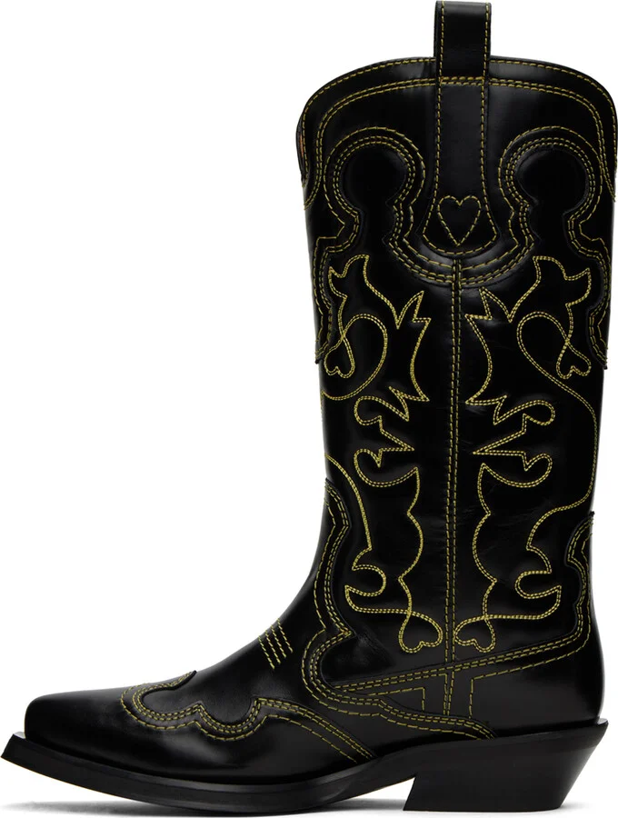 GANNI Black Mid Shaft Embroidered Western Boots - Image 3