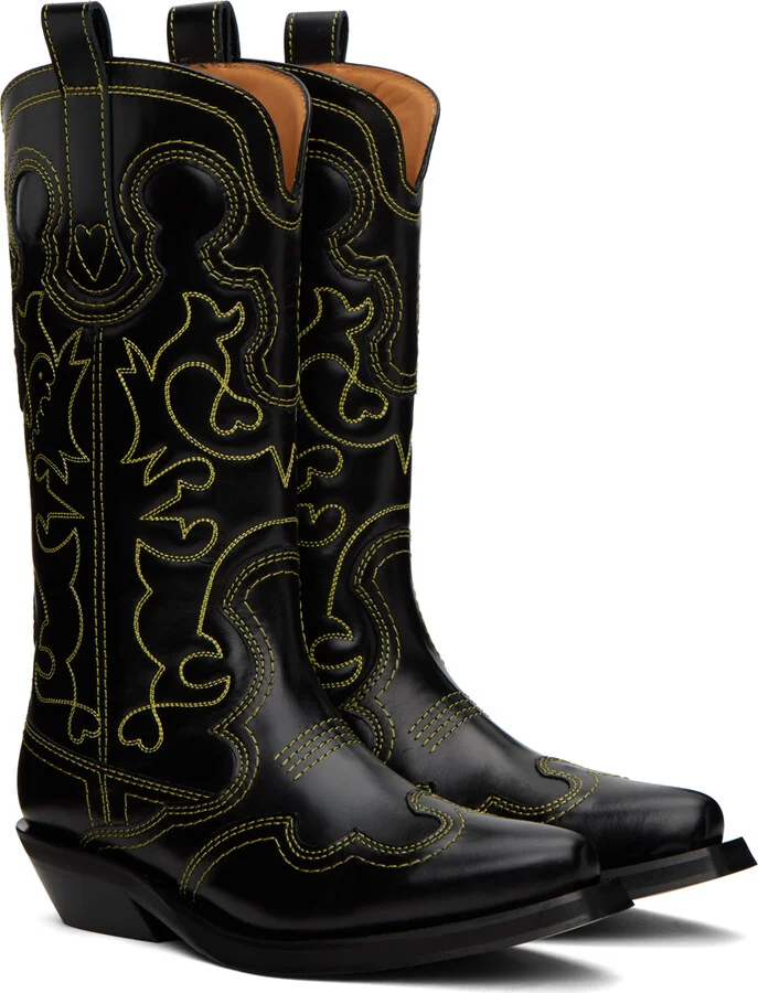 GANNI Black Mid Shaft Embroidered Western Boots - Image 4