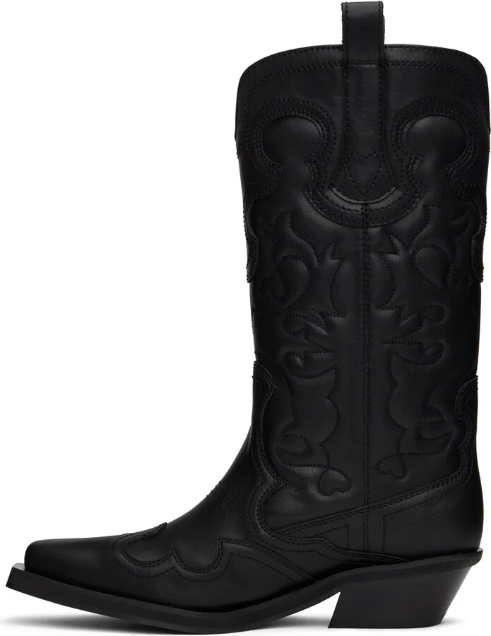 GANNI Black Mid Shaft Embroidered Western Boots - Image 3