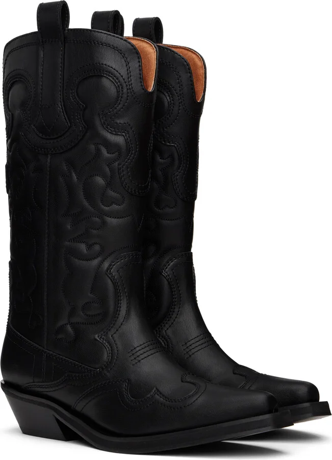 GANNI Black Mid Shaft Embroidered Western Boots - Image 4