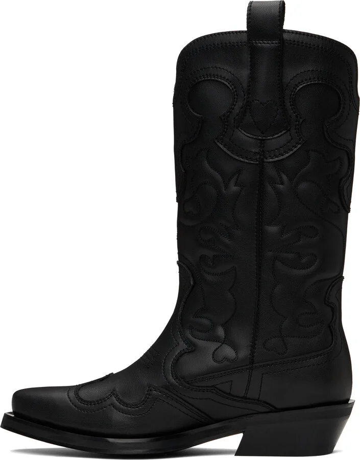 GANNI Black Mid Shaft Embroidered Western Boots - Image 3