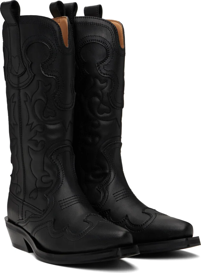 GANNI Black Mid Shaft Embroidered Western Boots - Image 4
