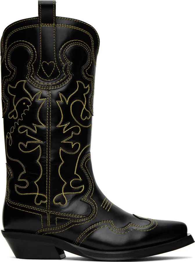 GANNI Black Mid Shaft Embroidered Western Boots