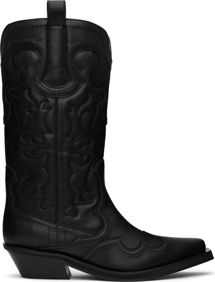 GANNI Black Mid Shaft Embroidered Western Boots