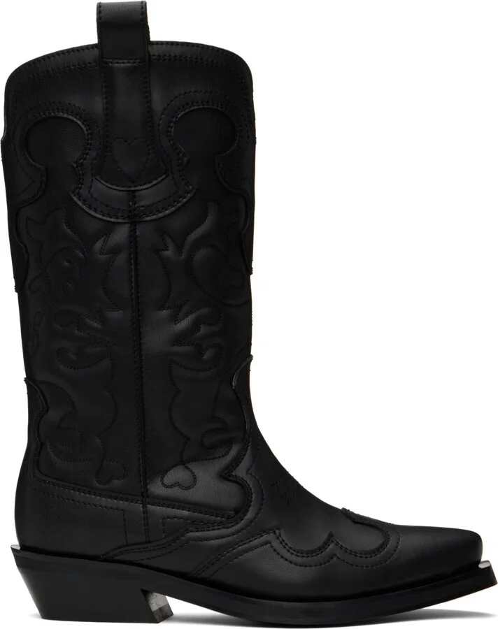 GANNI Black Mid Shaft Embroidered Western Boots