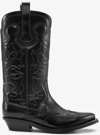 Ganni Black Mid Shaft Embroidered Western Boots