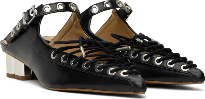 GANNI Black Oleatex Lace-Up Mules - Image 4