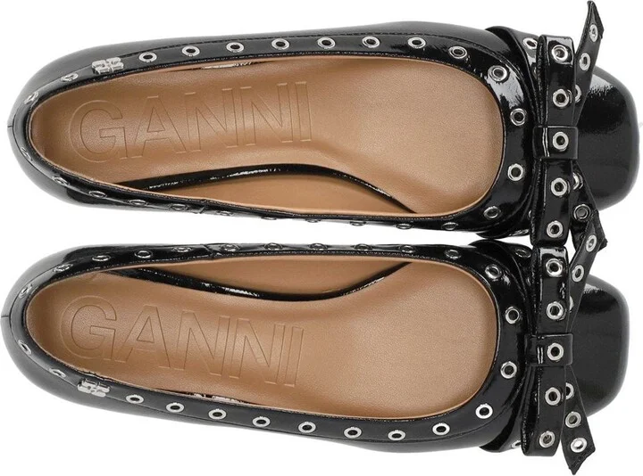 Ganni Black Patent Ballet Flat Shoe With Bows - Image 5