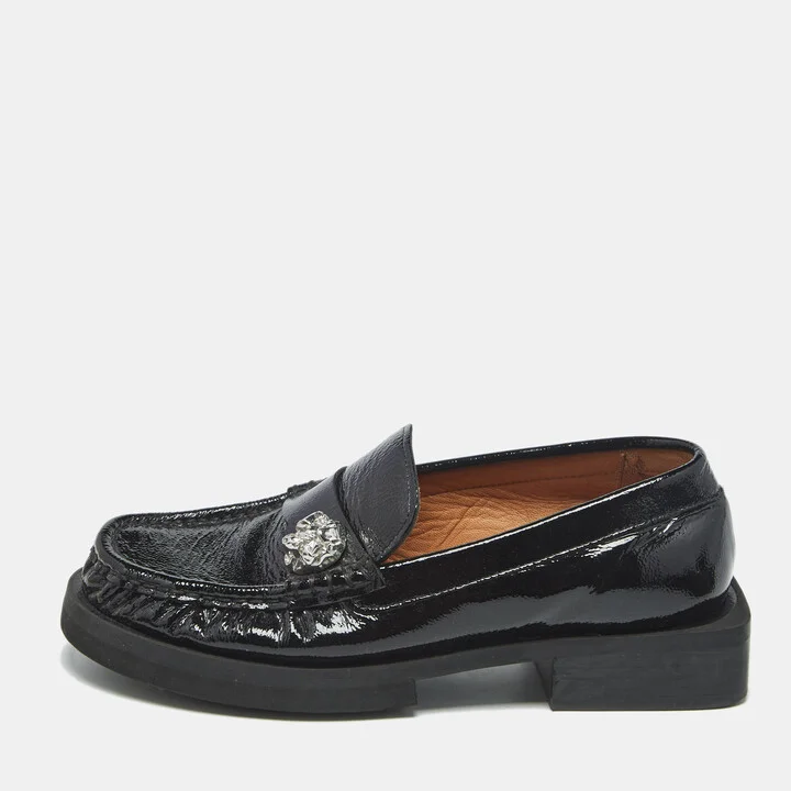 Ganni Black Patent Leather Crystal Embellished Slip On Loafers Size 37