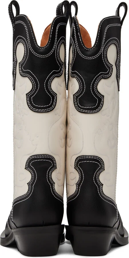 GANNI Black & White Mid Shaft Embroidered Western Boots - Image 2