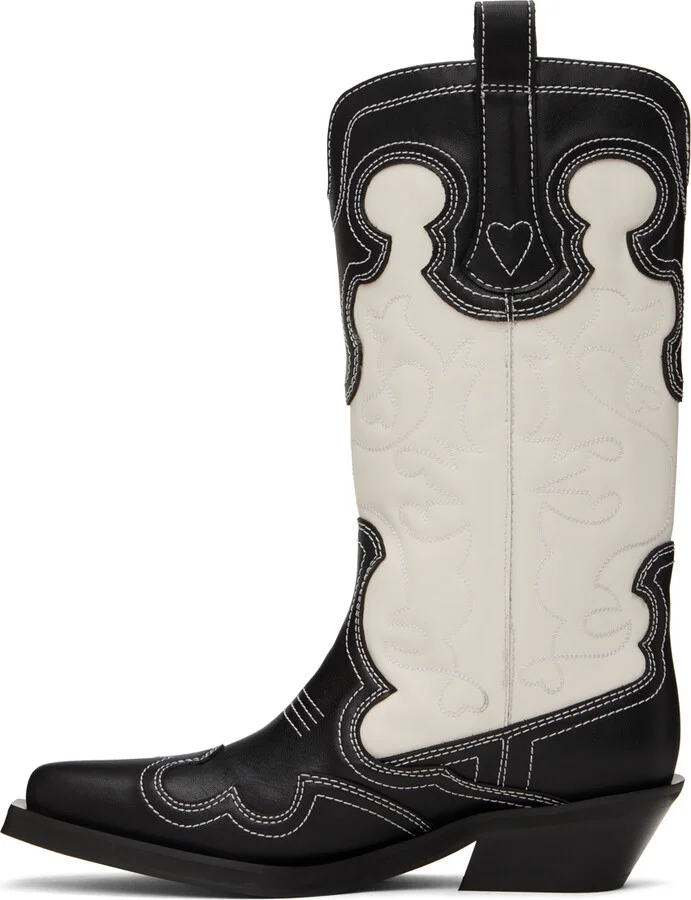 GANNI Black & White Mid Shaft Embroidered Western Boots - Image 3